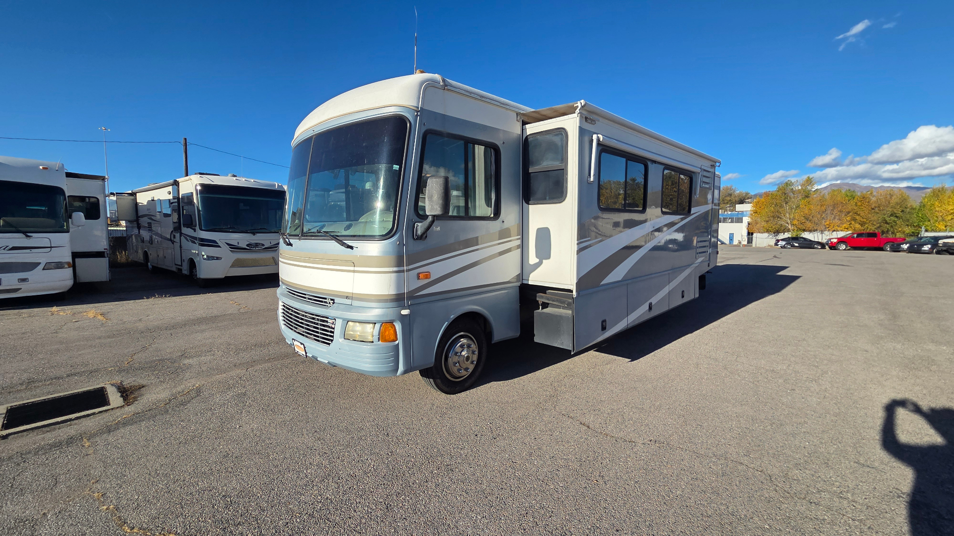 2005 Fleetwood Bounder 35E — exterior front three-quarter view with slide-out extended